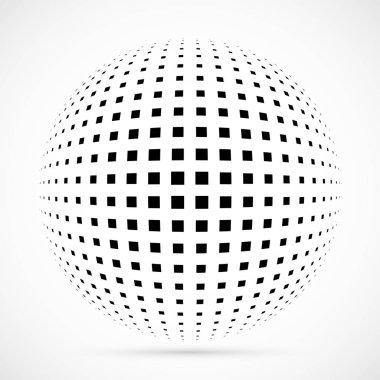 3D vektör noktalı resim küre beyaz. Noktalı küresel arka plan. Gölge logo şablonu. Beyaz arka plan üzerinde izole noktalar.