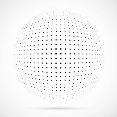 3D vektör noktalı resim küre beyaz. Noktalı küresel arka plan. Gölge logo şablonu. Beyaz arka plan üzerinde izole noktalar.