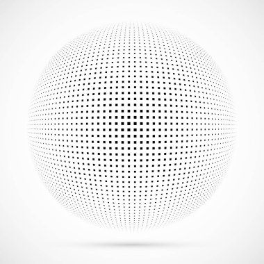 3D vektör noktalı resim küre beyaz. Noktalı küresel arka plan. Gölge logo şablonu. Beyaz arka plan üzerinde izole noktalar.