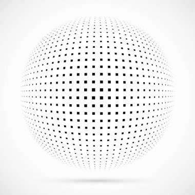 3D vektör noktalı resim küre beyaz. Noktalı küresel arka plan. Gölge logo şablonu. Beyaz arka plan üzerinde izole noktalar.