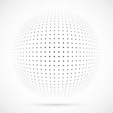3D vektör noktalı resim küre beyaz. Noktalı küresel arka plan. Gölge logo şablonu. Beyaz arka plan üzerinde izole noktalar.