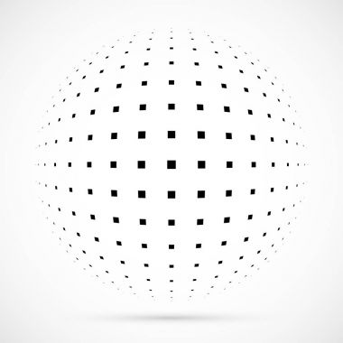 3D vektör noktalı resim küre beyaz. Noktalı küresel arka plan. Gölge logo şablonu. Beyaz arka plan üzerinde izole noktalar.