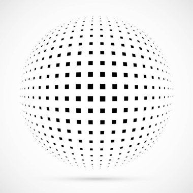 3D vektör noktalı resim küre beyaz. Noktalı küresel arka plan. Gölge logo şablonu. Beyaz arka plan üzerinde izole noktalar.