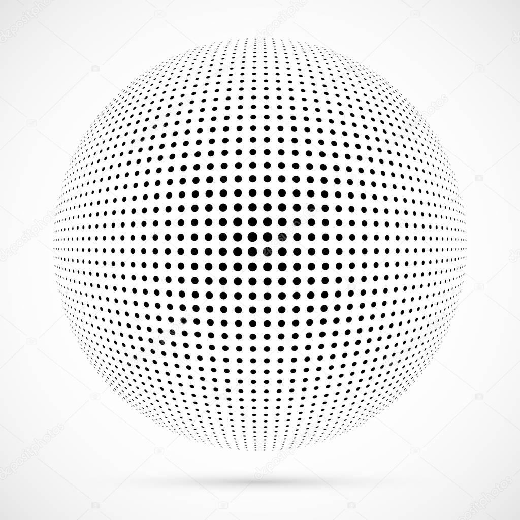 White 3D vector halftone sphere.Dotted spherical background.Logo template with shadow.Dots isolated on the white background.