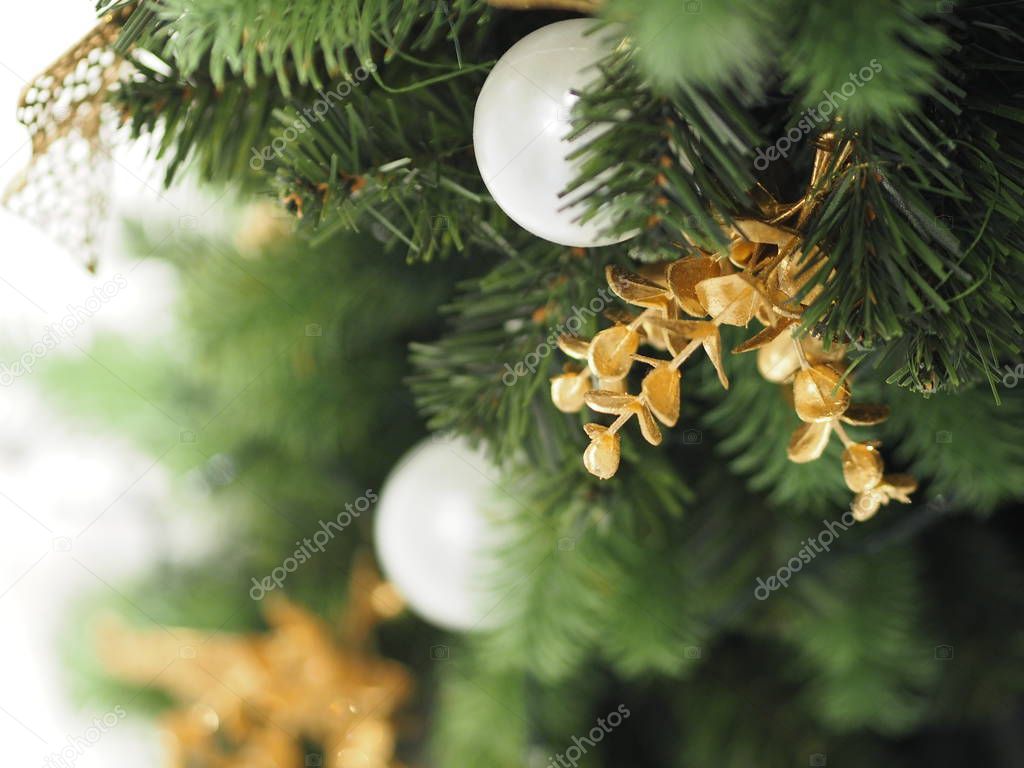 Christmas tree decorations have white ball, gold leaves on blurred of background