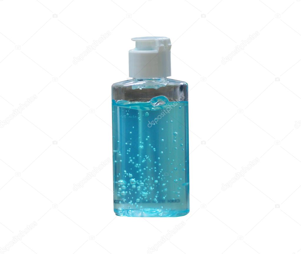 hand wash gel in Plastic bottle on wooden desk, clean to prevent germs protect colona virus, covid 19 Isolated on isolated white background