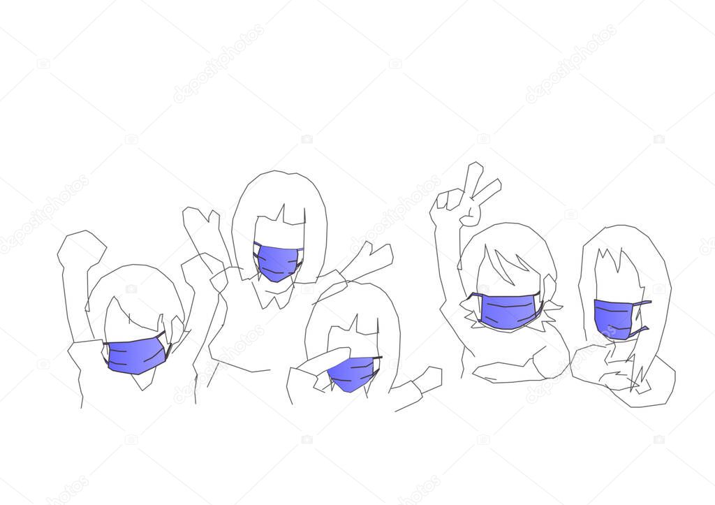 Sketch Cartoon children wearing mask self prevention ill made of fabric on white background for dust and germs pm 2.5, virus covid 19