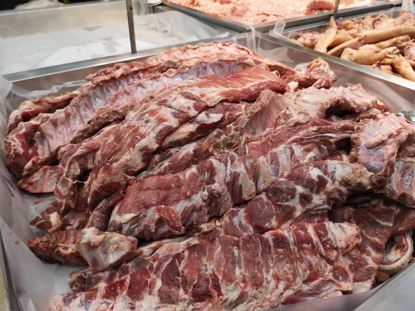 Carne Maiale Sparerib Vassoio Dell Acciaio Inossidabile Supermercato — Foto Stock