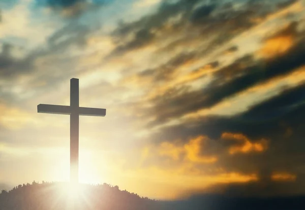 Silhueta Jesus Com Cruz Sobre Conceito Pôr Sol Para Religião — Fotografia de Stock