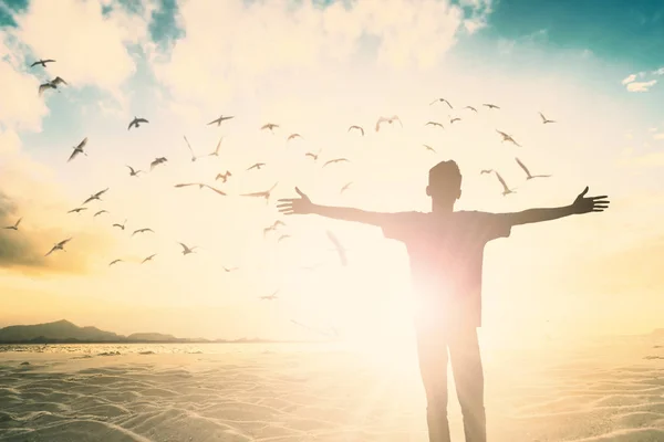 Happy Man Rise Hand Morning View Christian Inspire Praise God — Stock Photo, Image