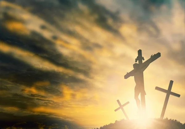 Silhouette Jesus Cross Sunset Concept Religion Worship Christmas Easter Redeemer — Stock Photo, Image