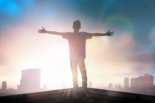 Silhouette Man Raised Hands Blur City Concept Religion Worship Prayer — Stock Photo, Image