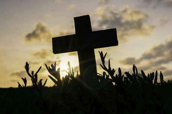 Silhueta Jesus Cristo Morte Cruz Crucificação Calvário Colina Pôr Sol — Fotografia de Stock