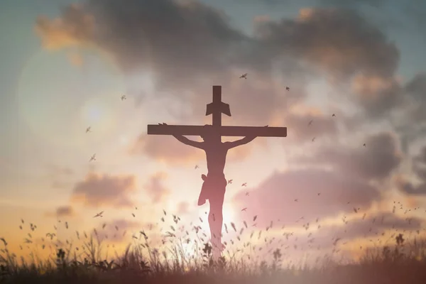 Sylwetka Jezus Chrystus Śmierć Krzyżu Ukrzyżowanie Wzgórzu Kalwarii Zachód Słońca — Zdjęcie stockowe