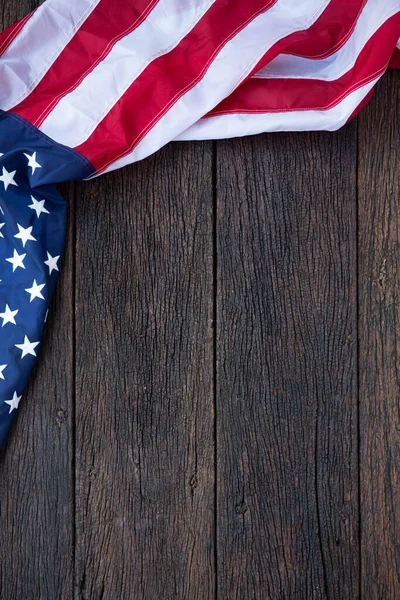 Американский Флаг Размахивающий Рисунком Деревянном Фоне Виде Стола Сверху Красно — стоковое фото