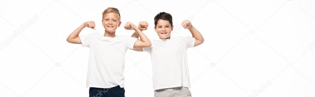 panoramic shot of two brothers imitating bodybuilders isolated on white