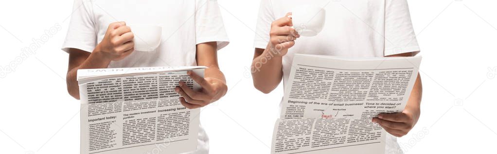 partial view of two kids reading newspapers while holding cups of coffee isolated on white, panoramic shot