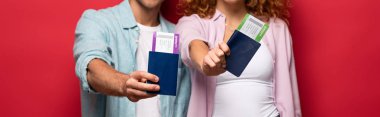 Pasaportları uçak biletleriyle gösteren çift manzaralı, kırmızı ışıkta izole edilmiş.