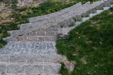 Parktaki yeşil çimlerin arasındaki taş merdivenler. 