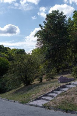 Yeşil ağaçlar ve arka planda bulutlu gökyüzü olan parkta asfalt ve yol