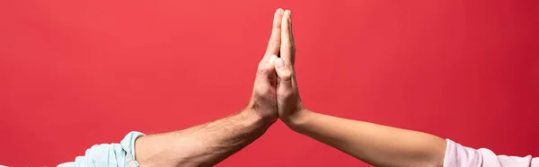 Partial View Young Couple Giving High Five Isolated Red — Stock Photo, Image