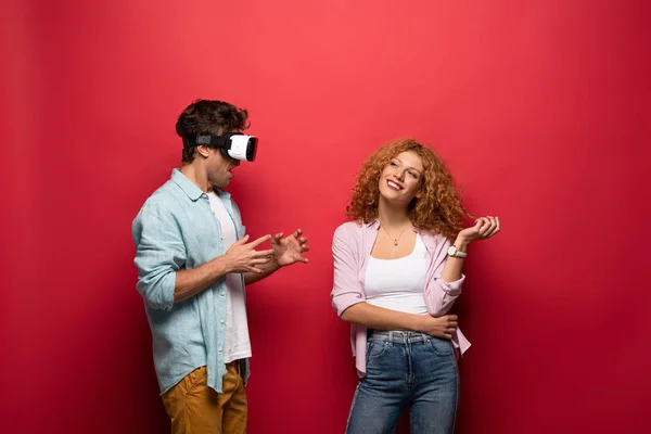 Beautiful Happy Couple Headset Isolated Red — Stock Photo, Image