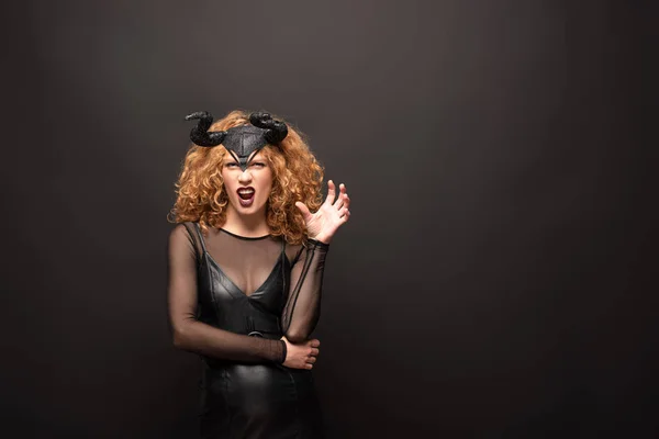 Scary Woman Posing Halloween Costume Horns Black — Stock Photo, Image