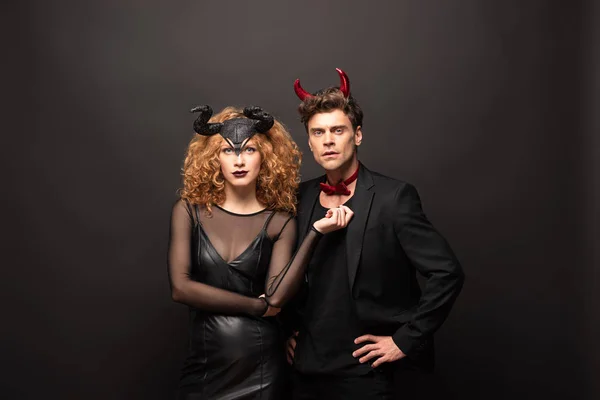 Beautiful Couple Posing Halloween Costumes Black — Stock Photo, Image