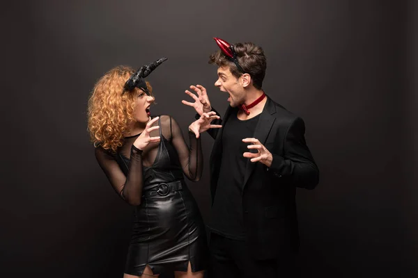 Scary Couple Posing Traditional Halloween Costumes Black — Stock Photo, Image