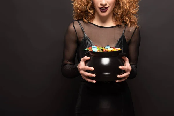 Cropped View Woman Holding Pot Candies Halloween Black — Stock Photo, Image