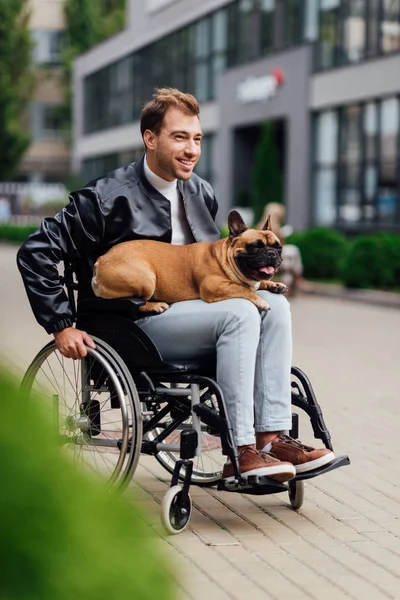 Sonriente Hombre Discapacitado Sosteniendo Bulldog Francés Rodillas Calle Urbana —  Fotos de Stock