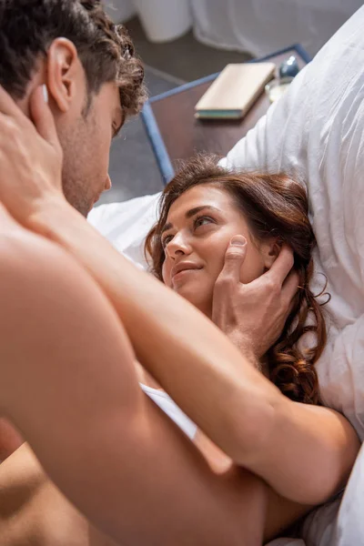 Selective Focus Girlfriend Hugging Looking Boyfriend — Stock Photo, Image