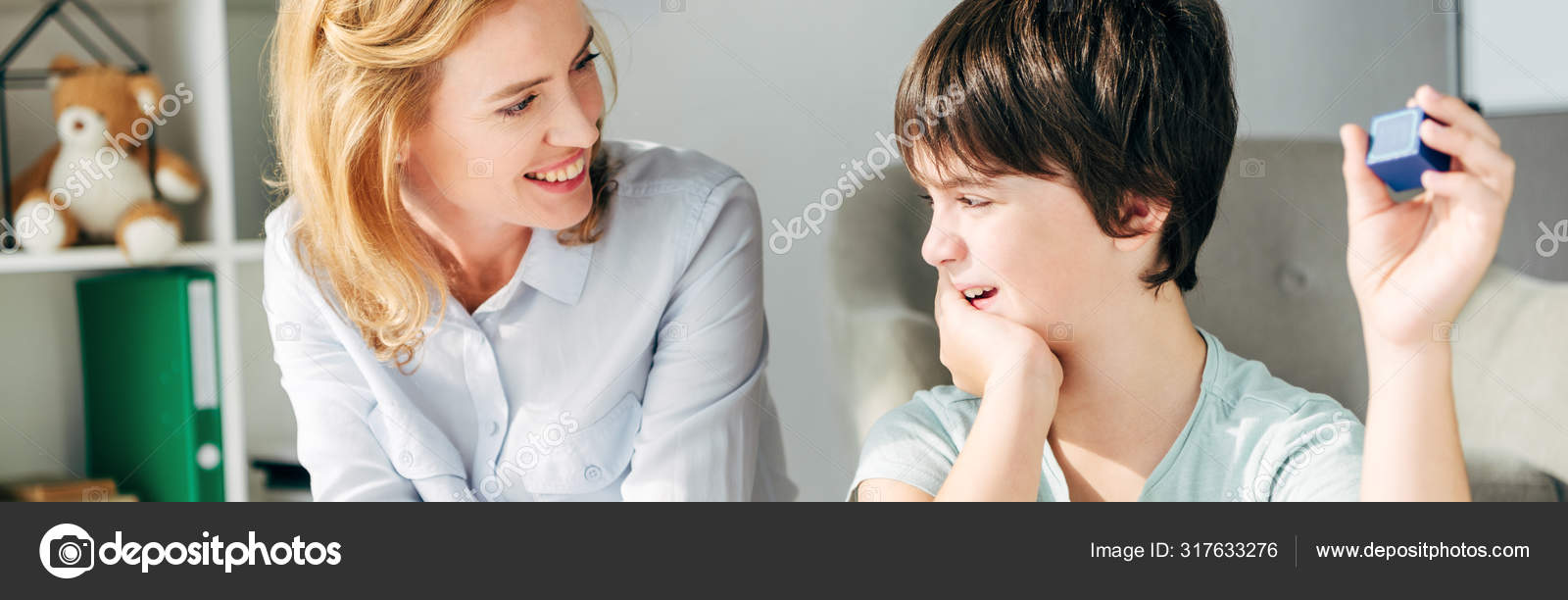 Panoramic Shot Smiling Child Psychologist Looking Kid Dyslexia — Stock