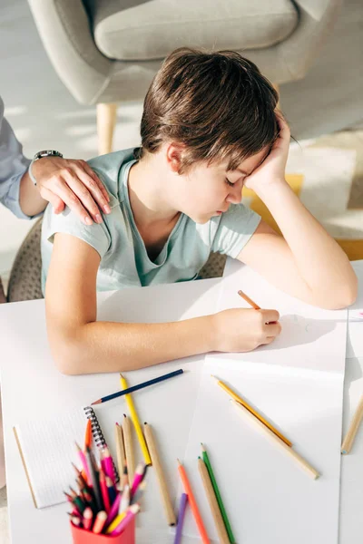 Cropped View Child Psychologist Touching Sad Kid Dyslexia — Stock Photo, Image