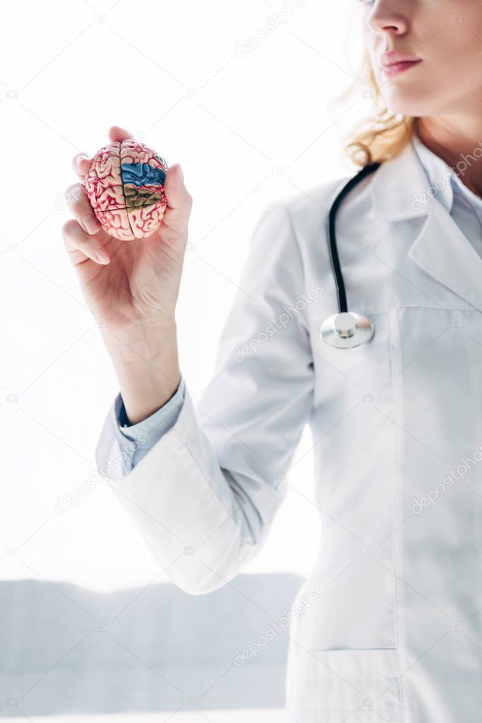 cropped view of doctor in white coat holding model of brain in clinic 