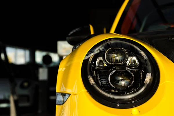 Kyiv Ukraine October 2019 Close Modern Headlight New Yellow Porshe — Stock Photo, Image