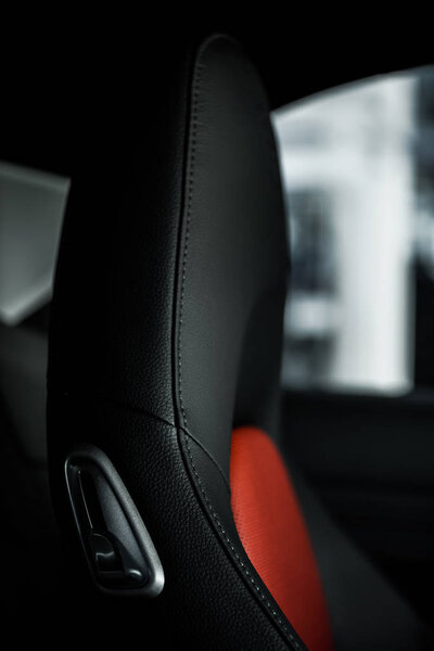 KYIV, UKRAINE - OCTOBER 7, 2019: selective focus of leather headrest in modern porshe
