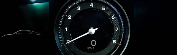 KYIV, UKRAINE - OCTOBER 7, 2019: panoramic shot of modern speedometer in new porshe