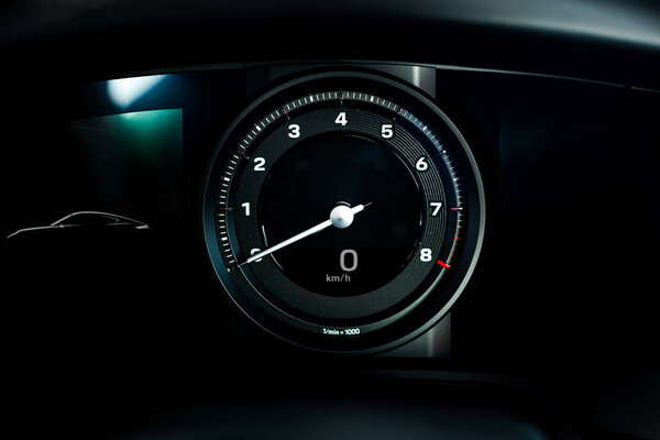 KYIV, UKRAINE - OCTOBER 7, 2019: modern speedometer in new luxury porshe 