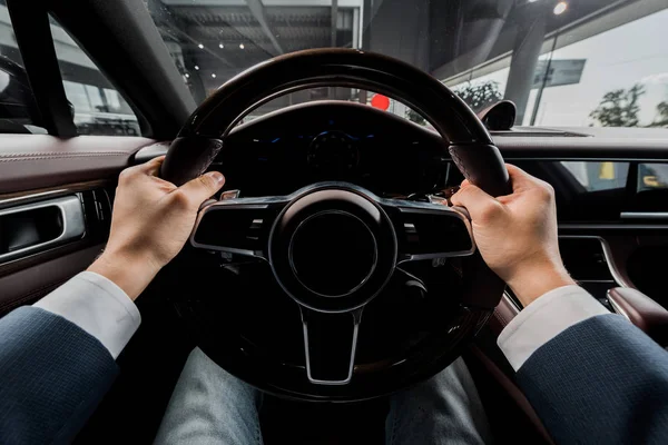 Kyiv Ukraine October 2019 Cropped View Driver Holding Steering Wheel — Stock Photo, Image