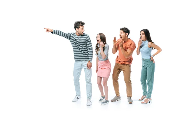 Shocked Man Pointing Showing Something Excited Friends Isolated White — Stock Photo, Image
