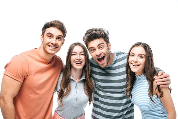 Amigos Exitosos Gritando Abrazándose Juntos Aislados Blanco — Foto de Stock