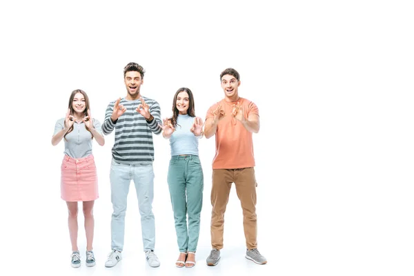 Amigos Emocionados Mostrando Signos Aislados Blanco —  Fotos de Stock