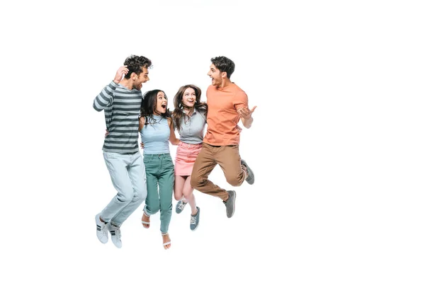 Excited Friends Jumping Celebrating Triumph Isolated White — Stock Photo, Image