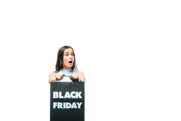 Schockiertes Mädchen Mit Einkaufstasche Schwarzen Freitag Isoliert Auf Weiß — Stockfoto