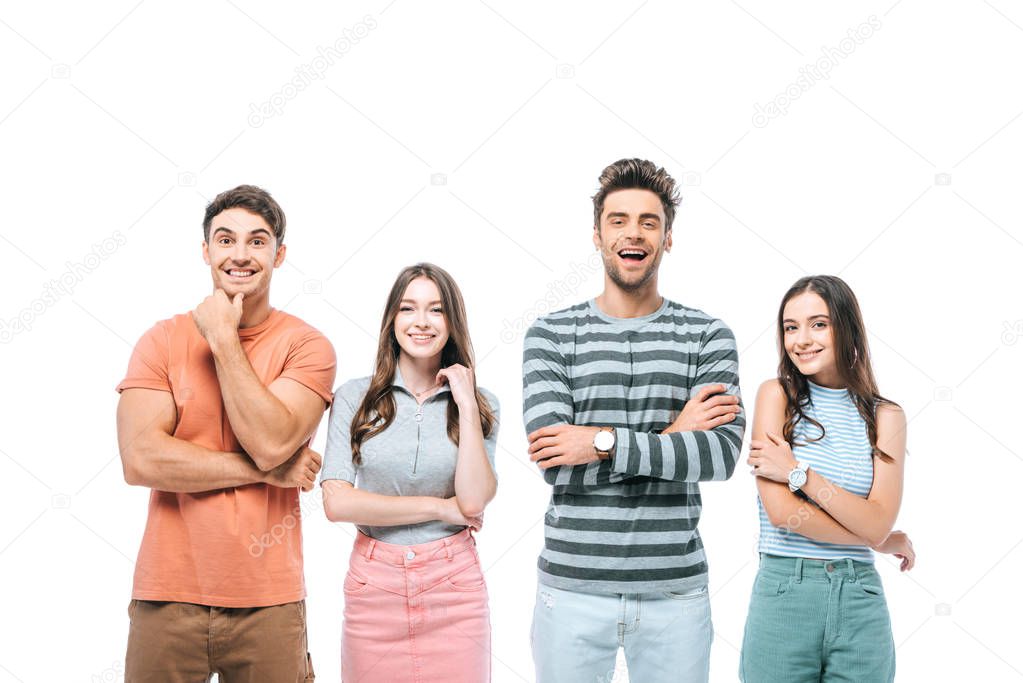 happy friends standing with crossed arms, isolated on white