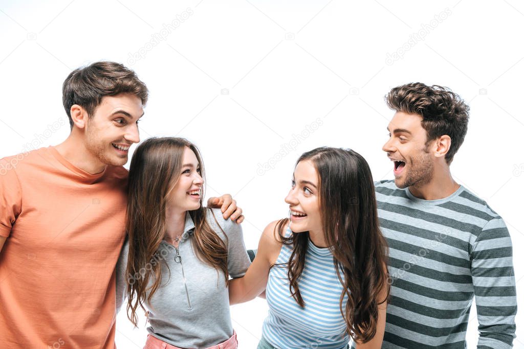 excited friends screaming and celebrating isolated on white