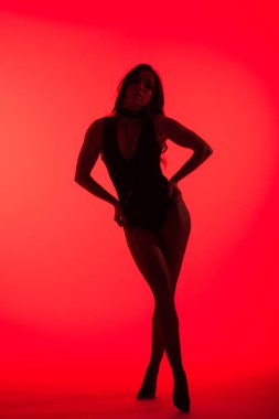 Kırmızıda izole edilmiş güzel seksi bir kızın silueti.