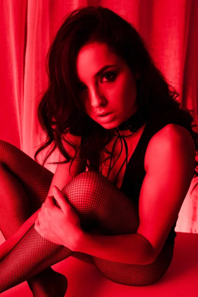 Passionate Woman Posing Bodysuit Fishnet Tights Red Light — Stock Photo, Image