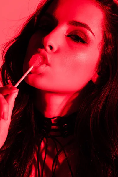 Attractive Sensual Woman Eating Lollipop Red Light — Stock Photo, Image